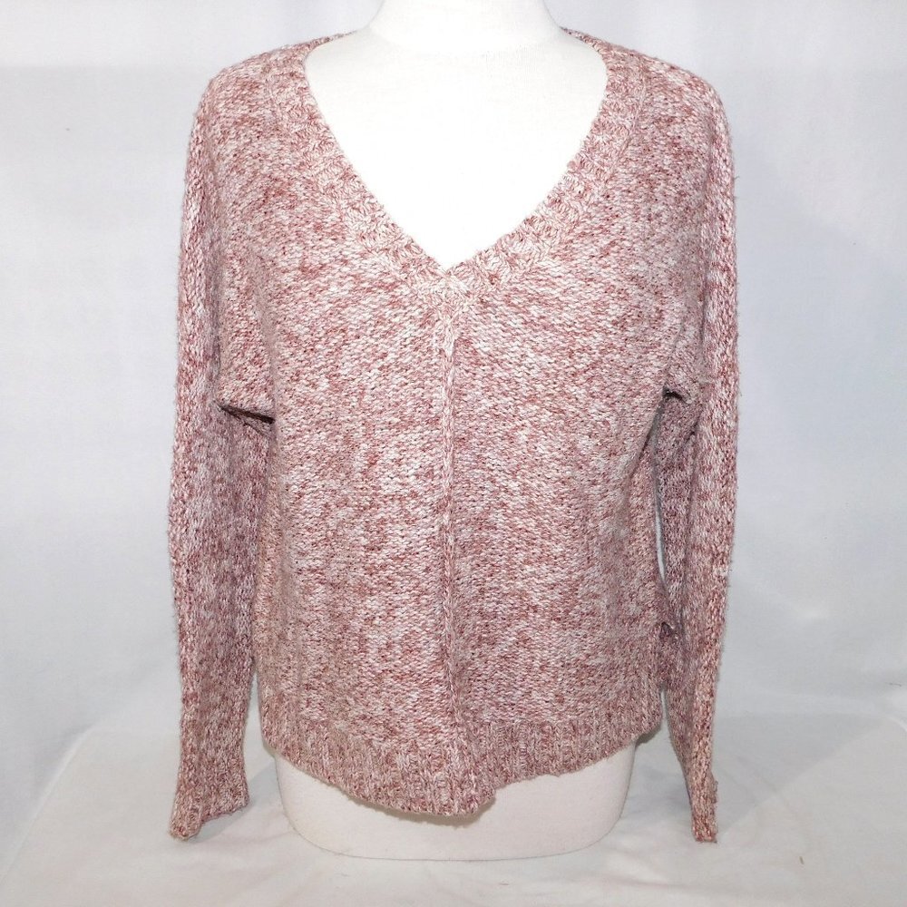 Lucky Brand oversized Brown White V Neck knit Sweater Womens S